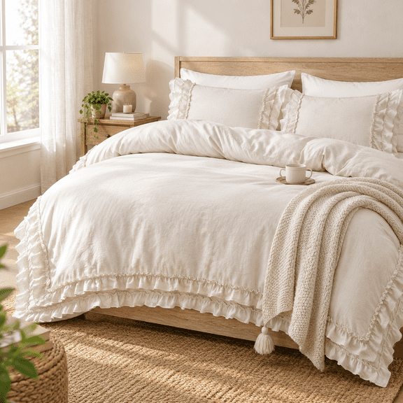 Cream King Size Ruffled Pleated Boho Duvet Cover Set, Washed Microfiber Bedding