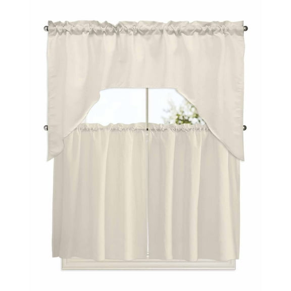 Cream Kitchen Curtains Swag Valance and Tier Curtains Set 36 Inch Length, Modern Pure Beige Rod Pocket Drape Panels Pair Swag Curtains for Bathroom/Cafe/Window