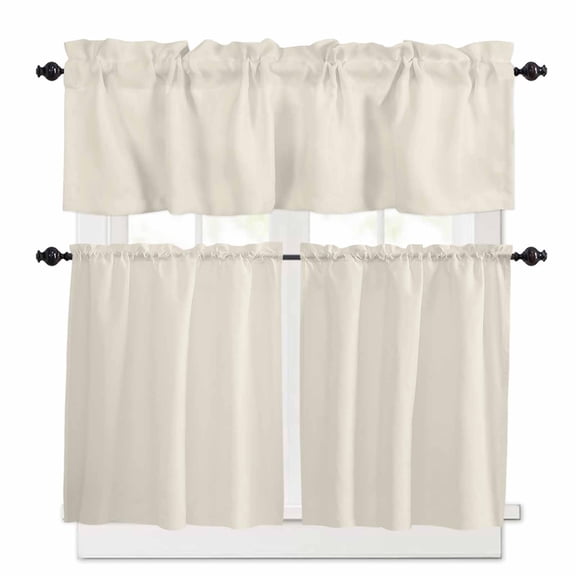 Cream Kitchen Curtains and Valances Set, 3 Piece Kitchen Curtains Set 24 Inch Length, Modern Pure Beige Rod Pocket Curtains Tier Farmhouse Window Curtains