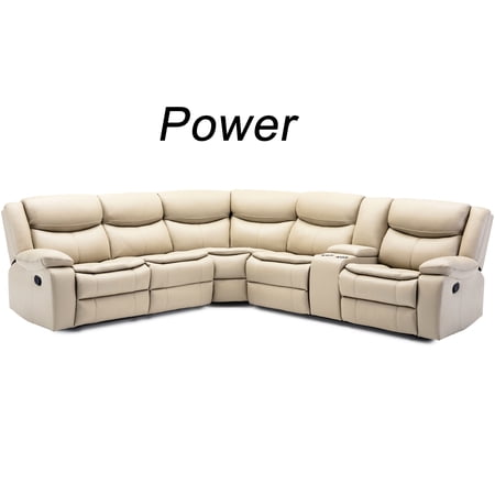 Cream L Shape Leather Reclining Sectional With Port - Relax, 5, Manual Recline, Foam Seat Fill, Synthetic Fiber Back Solid Wood + Pocket Spring Construction, Pillow Top , Black Legs, Storage