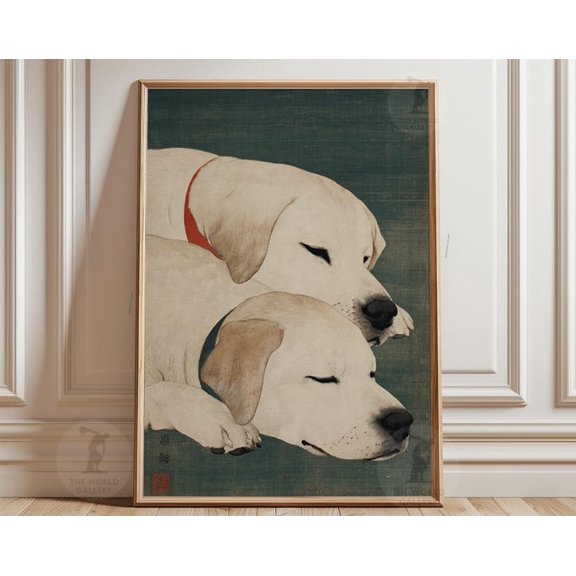Cream Labrador Retriever Dog Japanese Woodblock Teal Green Wall Art, Unframed Paper Poster 8x10in