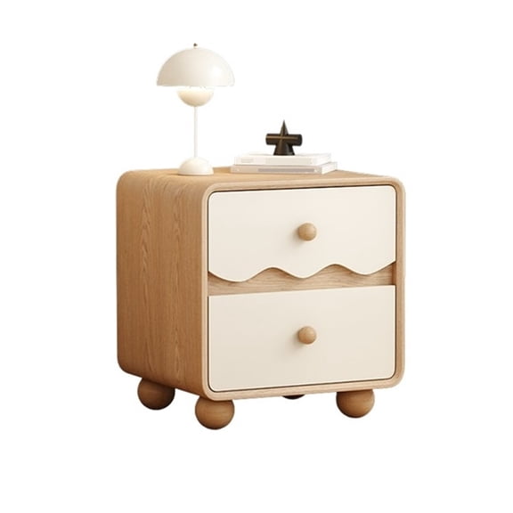 Cream Larch Wood Nightstand with 2 Drawers for Bedroom Storage