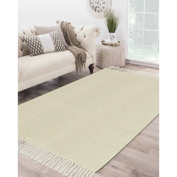 Cream Large Area Rug 4x6ft Woven Runner Rug, Modern Pure Beige Washable Living Room Bedroom Kitchen Bathroom Classroom Carpet with Tassels, Non-Shedding Indoor Outdoor Throw Door Mat