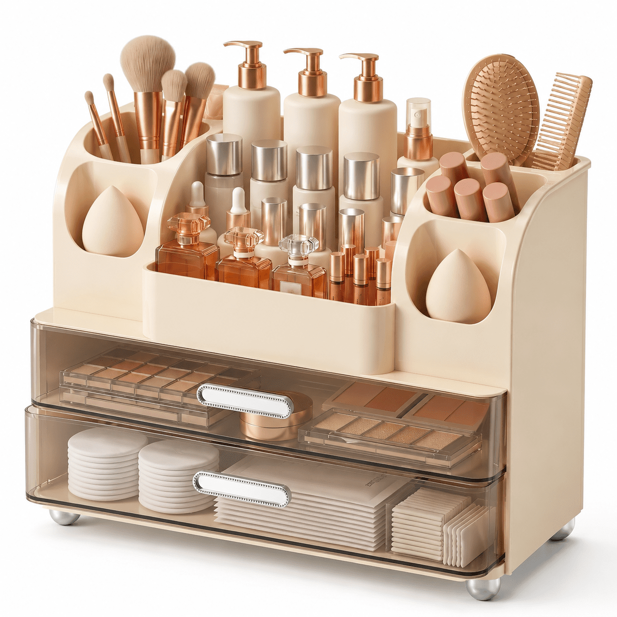 Cream Large Makeup Organizer Countertop Vanity Skincare Storage