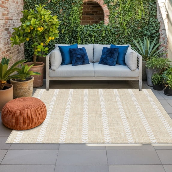 Cream Leaf Striped Indoor Outdoor Rugs 4x6 Ft, Warm Beige Linen Texture White Stripes Outdoor Patio Rugs Mat Washable Outside Area Rugs Carpet for Porch Deck RV Camping Pool Balcony Backyard