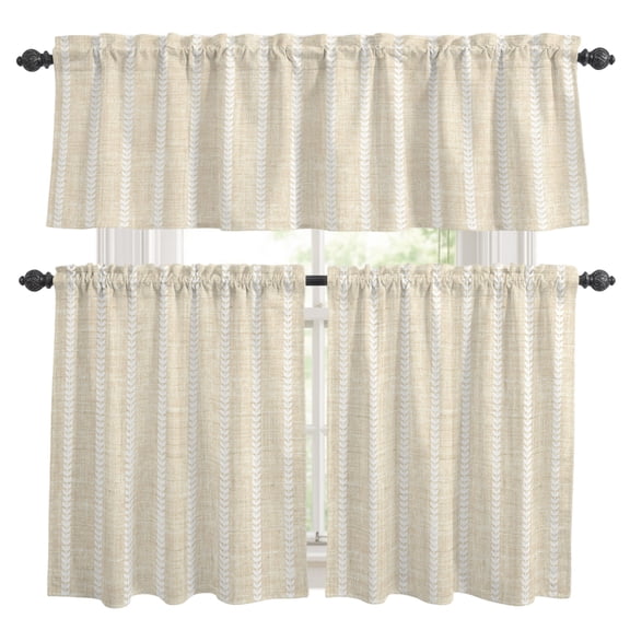 Cream Leaf Striped Kitchen Curtains and Valances Set, Warm Beige Linen Texture White Stripes Rod Pocket Window Valance Window Curtain Panels for Living Room Bedroom Laundry, 27.5x36in, 3 Pieces