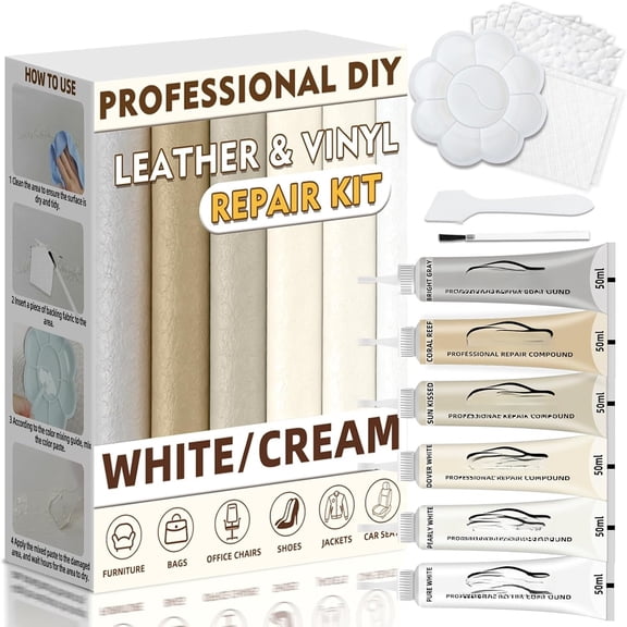 Cream Leather Repair Kit for Furniture, Vinyl Repair Kit for Interior, Sofa, Jacket, Purse - Super Easy Instructions to Fix , Tears, Holes, and Peeling