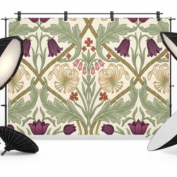 Cream Lilies Backdrops for Photography, Art Dark Purple Tulips Flower Rustic Green Stems Leaf Fabric Photo Background Sturdy Studio Props for Photo Studio, Video Recording, Booth & Photoshoot 10x8ft