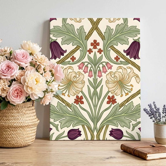 Cream Lilies Canvas Wall Art for Living Room, Art Dark Purple Tulips Flower Rustic Green Stems Leaf Wall Decor Framed Artwork Pictures Ready to Hang for Bedroom Office Home Decor 8x12 Inch