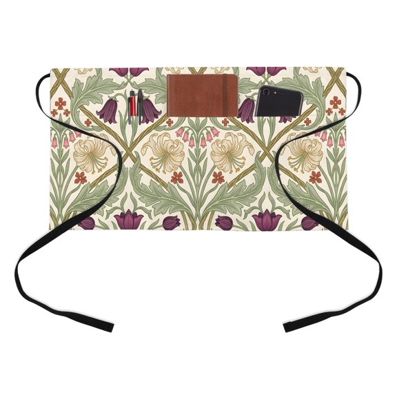 Cream Lilies Kitchen Restaurant Half Waist Apron, Art Dark Purple Tulips Flower Rustic Green Stems Leaf Server Short Apron with 3 Pockets Waterproof Oil Waist Aprons for Women Waitress Waiter
