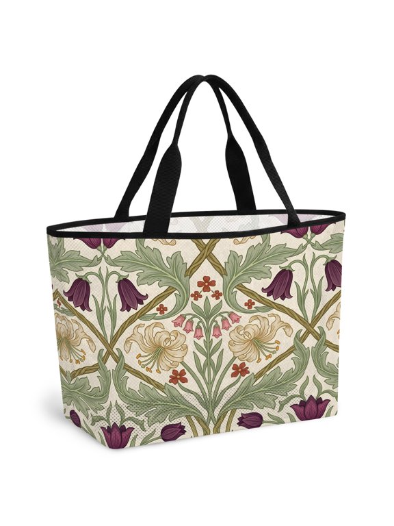 Cream Lily Flower Beach Bag for Women,Large Breathable Mesh Beach Tote Bag,Purple Tulip Floral Leaves Rustic Stems Sandproof Lightweight Travel Bags for Vacation Picnic Swimming Pool 15.7"x15.7"x9.1"