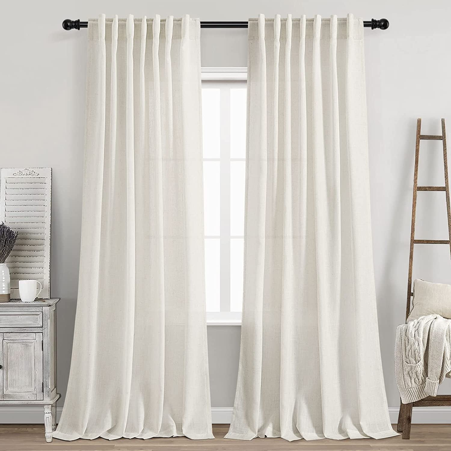 Cream Linen Back Tab Curtains 84 Inch Length for Living Room 2 Panel Set Neutral Modern ...
