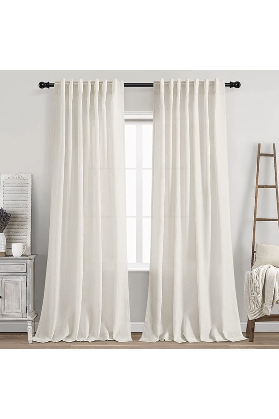 Cream Linen Back Tab Curtains 84 Inch Length for Liing Room 2 Panel Set Neutral Modern Farmhouse Window Priacy Semi Sheer Linen Drapes Rustic Pinch Pleated Look Curtain Natural Iory Colored