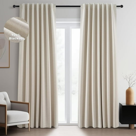 Cream Linen Blackout Curtains 102 Inch Length 2 Panels Set for Living Room Bedroom Back Tab Thermal Insulated 100% Black Out Linen Drapes Room Darkening Cabin Curtains Beige