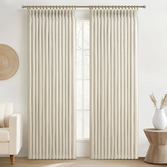 Cream Linen Blackout Curtains 40 Inches Wide x 90 Inches Long 2 Panel Set Pinch Pleat Double Layer Sun Block Drapes