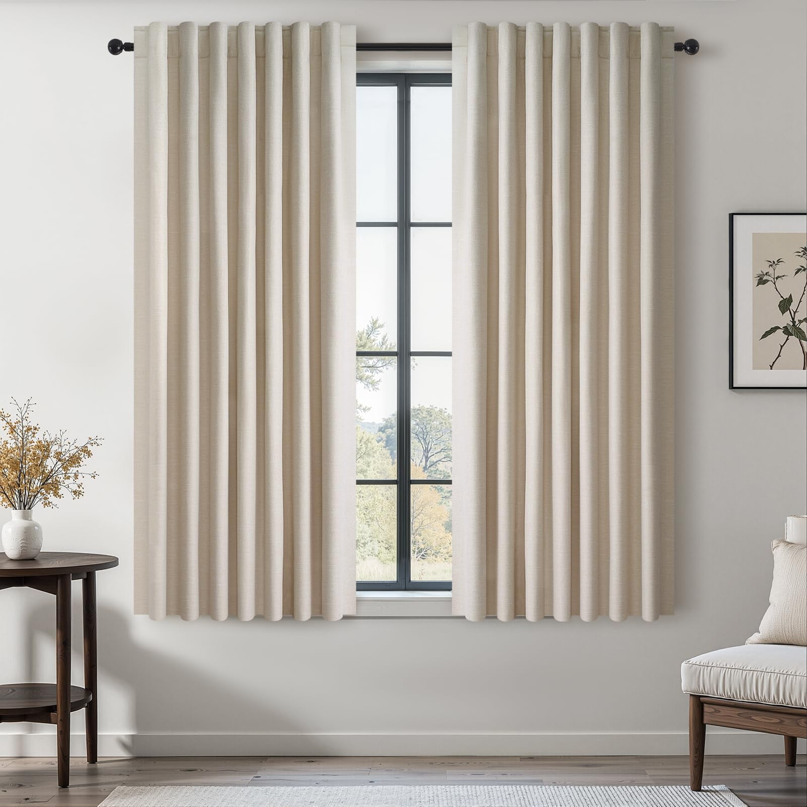 Cream Linen Blackout Curtains 84 Inch Long for Bedroom and Living Room, Ivory Pinch Pleat Full Blackout Drapes, Farmhouse Boho Style Window Treatments, Neutral 52 X 84 Inches