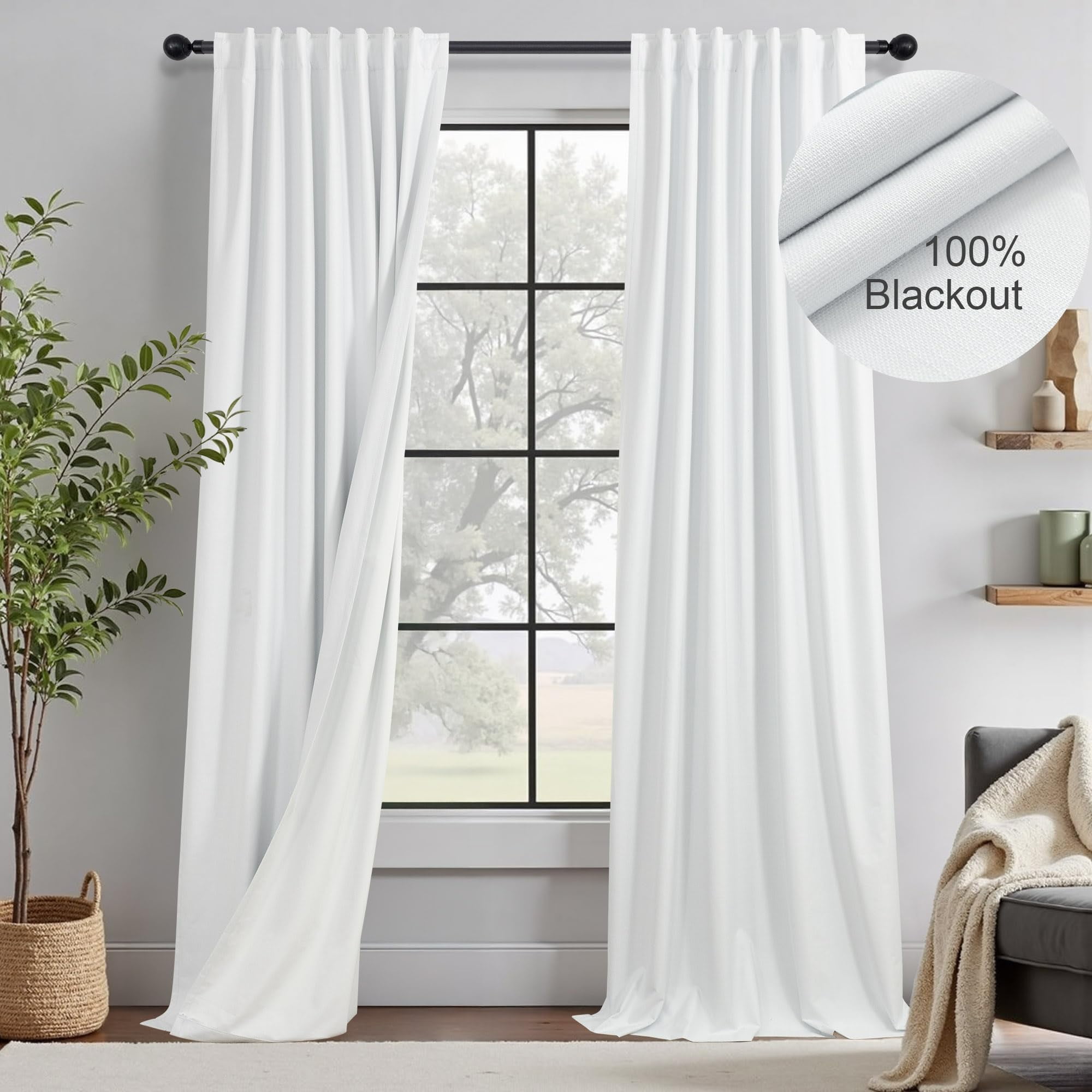 Cream Linen Blend Blackout Curtains 84 Inch Long 2 Panel Back Tab ...