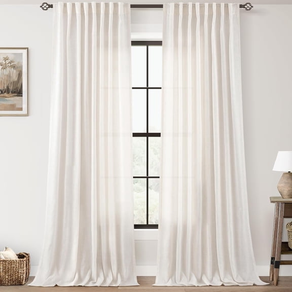 Cream Linen Curtains, 108 Inches Long, Neutral Farmhouse Light Filtering Semi-Sheer, Ceiling to Floor, 2 Panels Set, 60x108 Inches