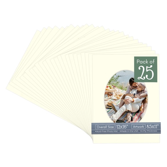Cream Linen Picture Frame Mat for 12x16 Frames - Oval Opening for 8.5x11 Photos - 25 Mats