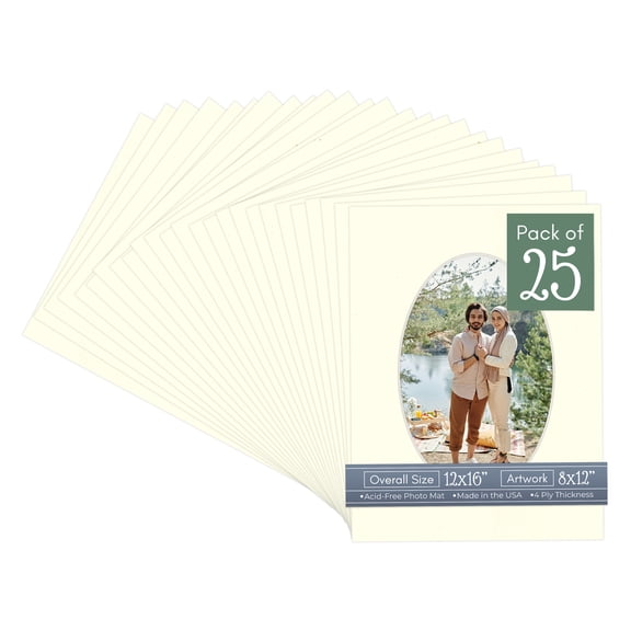 Cream Linen Picture Frame Mat for 12x16 Frames - Oval Opening for 8x12 Photos - 25 Mats