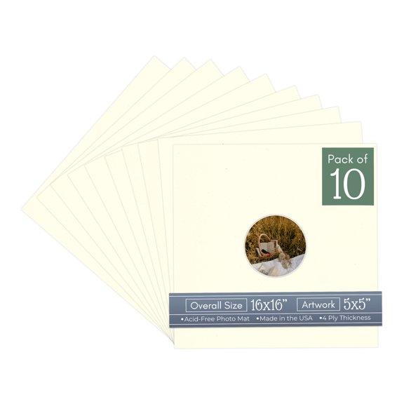 Cream Linen Picture Frame Mat for 16x16 Frames - Circle Opening for 5x5 Photos - 10 Mats