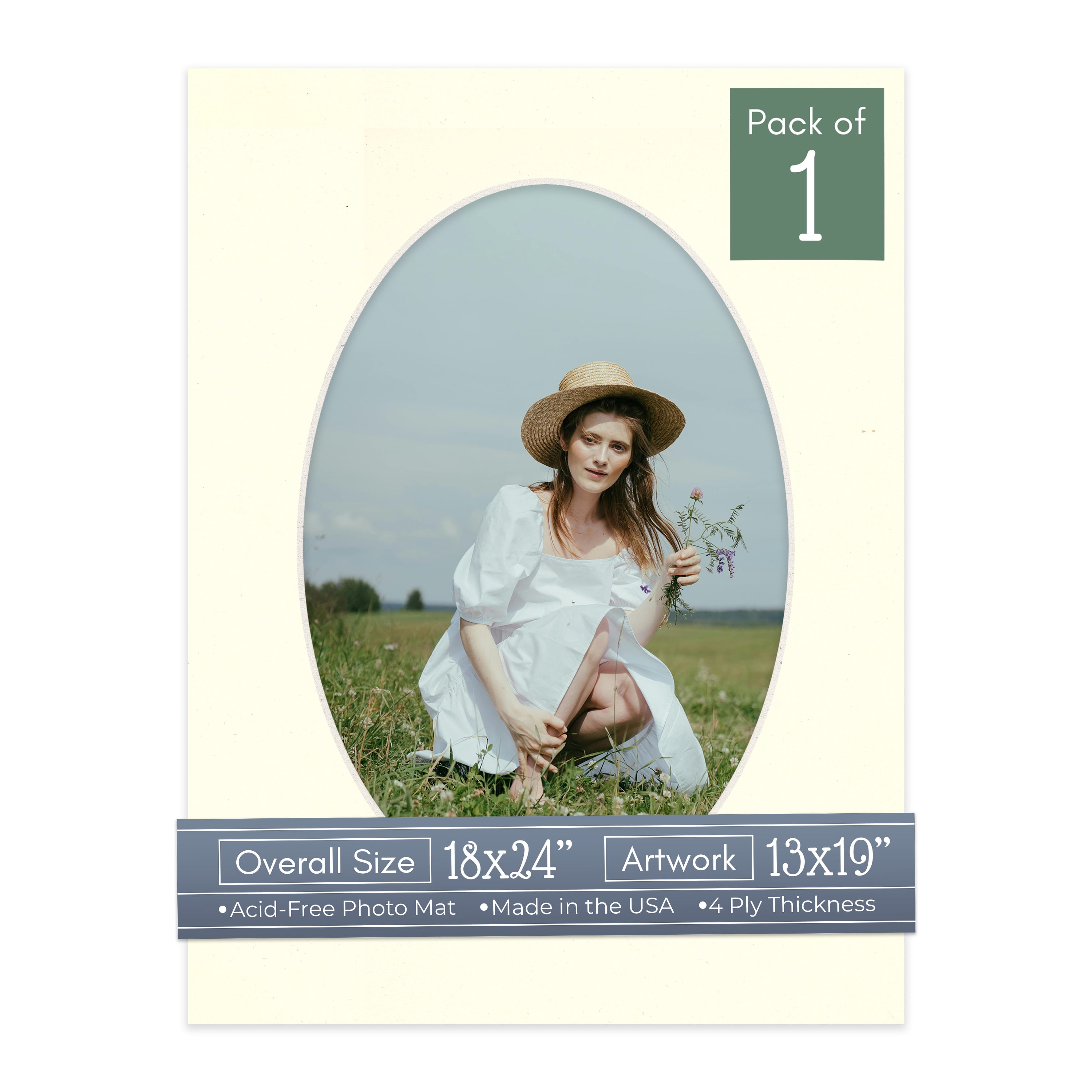 Cream Linen Picture Frame Mat for 18x24 Frames - Oval Opening for 13x19 Photos - 1 Mat