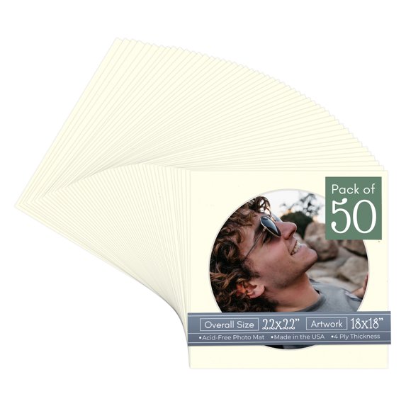 Cream Linen Picture Frame Mat for 22x22 Frames - Circle Opening for 18x18 Photos - 50 Mats