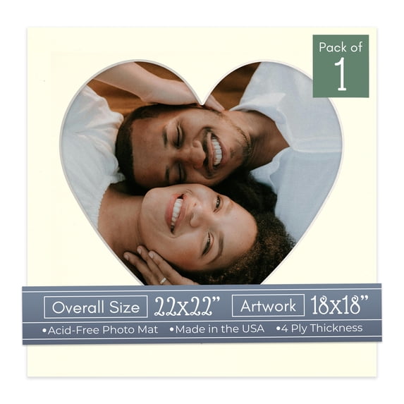 Cream Linen Picture Frame Mat for 22x22 Frames - Heart Opening for 18x18 Photos - 1 Mat