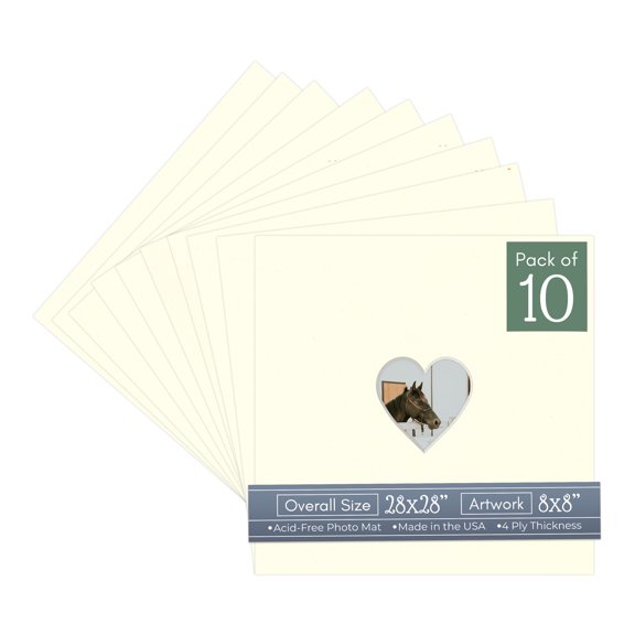 Cream Linen Picture Frame Mat for 28x28 Frames - Heart Opening for 8x8 Photos - 10 Mats