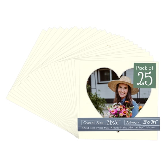 Cream Linen Picture Frame Mat for 31x31 Frames - Heart Opening for 26x26 Photos - 25 Mats