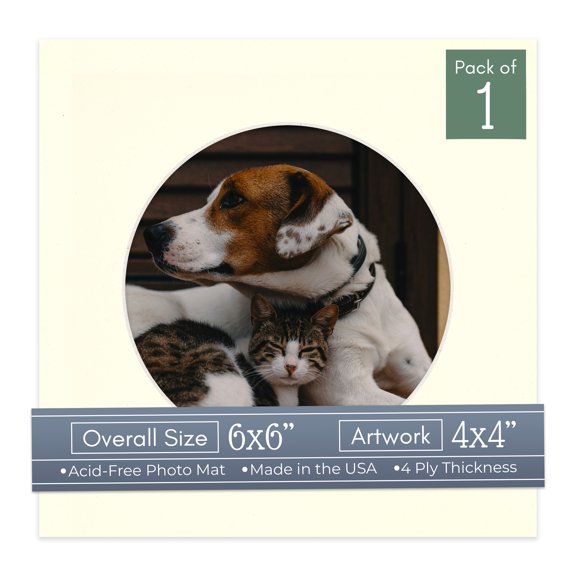 Cream Linen Picture Frame Mat for 6x6 Frames - Circle Opening for 4x4 Photos - 1 Mat
