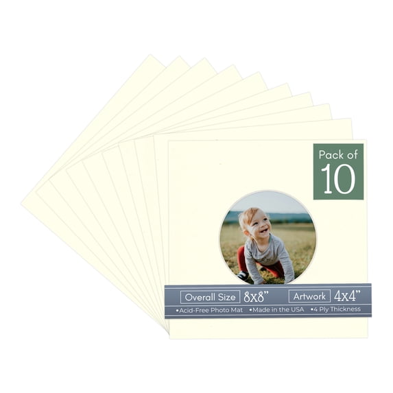 Cream Linen Picture Frame Mat for 8x8 Frames - Circle Opening for 4x4 Photos - 10 Mats