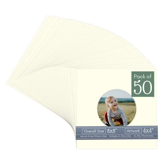 Cream Linen Picture Frame Mat for 8x8 Frames - Circle Opening for 4x4 Photos - 50 Mats