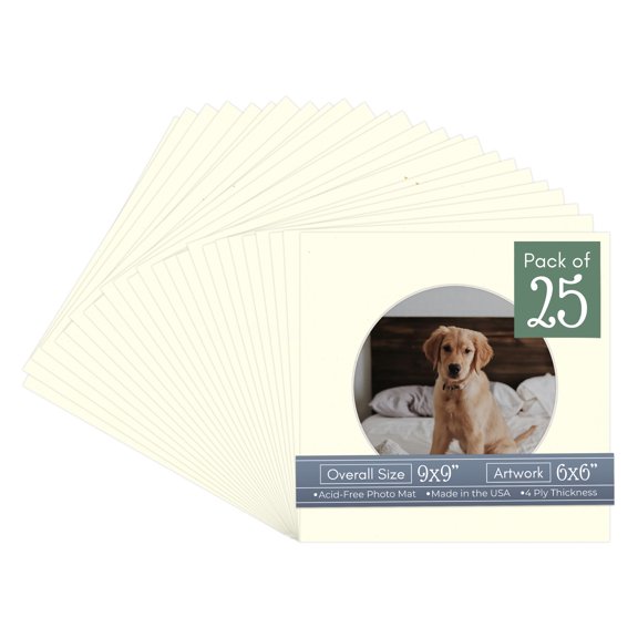 Cream Linen Picture Frame Mat for 9x9 Frames - Circle Opening for 6x6 Photos - 25 Mats