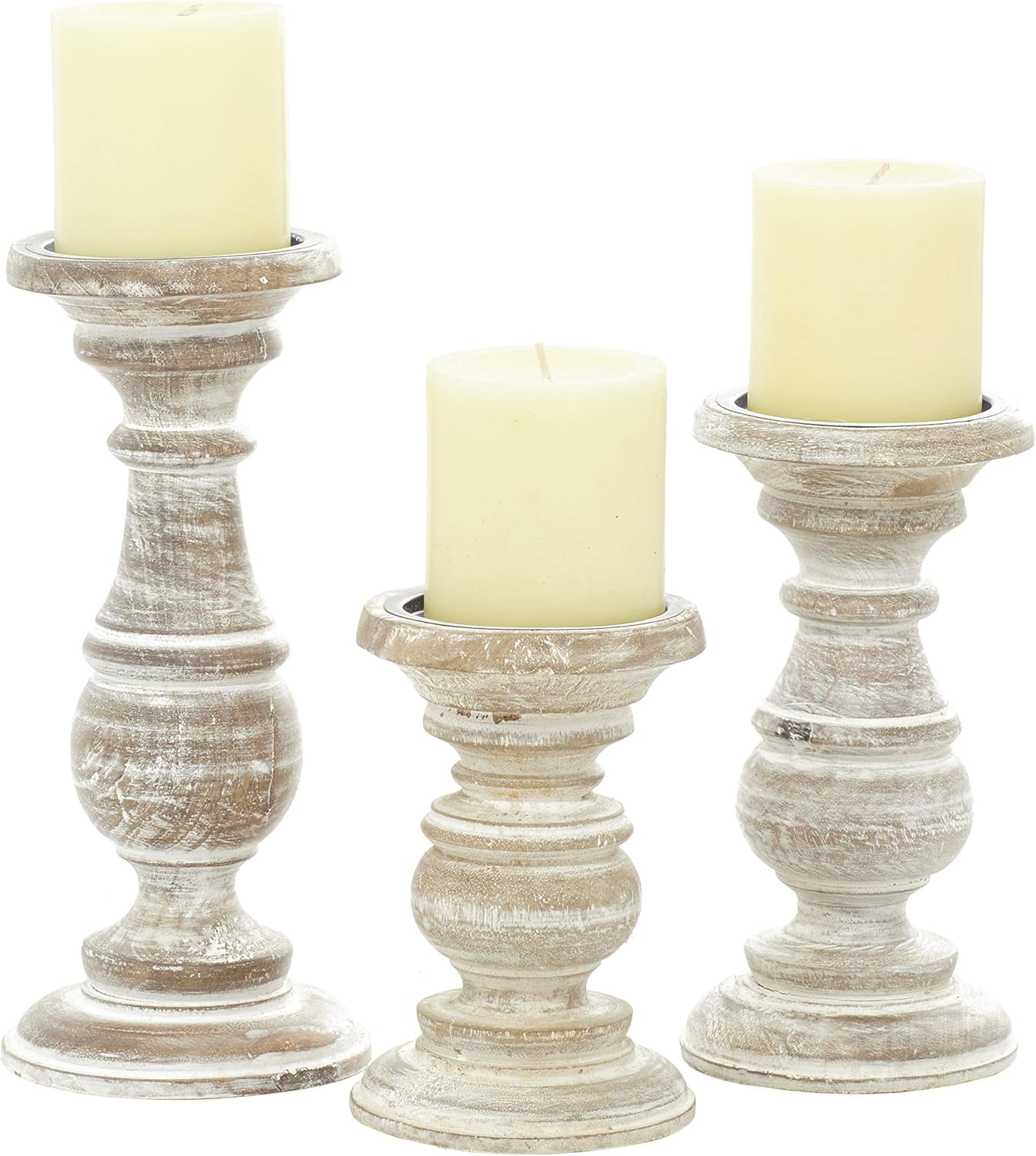 Winter Elegance Cream Mango Wood Pillar Candlestick Trio