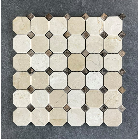 Cream Marfil 2" Octagon with Brown Dot Marble Mosaic Tiles - Case (10 Sheets)