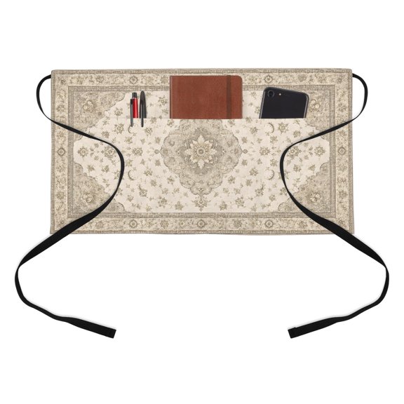 Cream Medallion Kitchen Restaurant Half Waist Apron, Flower Vine Pattern Shabby Chic Rustic Elegance Server Short Apron with 3 Pockets Waterproof Oil Waist Aprons for Women Waitress Waiter