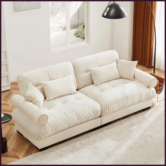 Cream Modern Velvet 2-Seater Sofa with Bolstered Armrests Ideal for Living Room, Loft & Bedroom