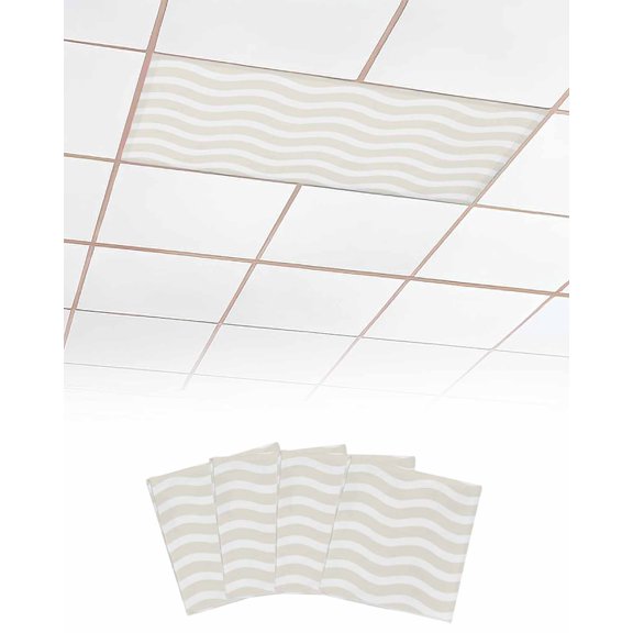 Cream Moire Fluorescent Light Covers for Ceiling Lights 4x2 feet, 4 Pack Magnetic Light Filters for Classroom, Water Ripple Stripe Farmhouse Fluorescent Light Shade Panel for Office School Drop Home