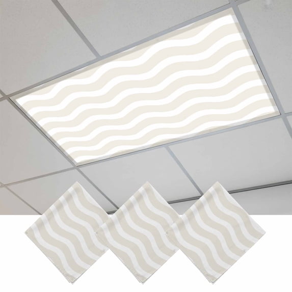Cream Moire Fluorescent Light Covers, Water Ripple Stripe Farmhouse Magnetic Light Covers for Ceiling Lights, Fluorescent Ceiling Shade Filters for Classroom Bedroom Office 4x2Ft x 3PCS