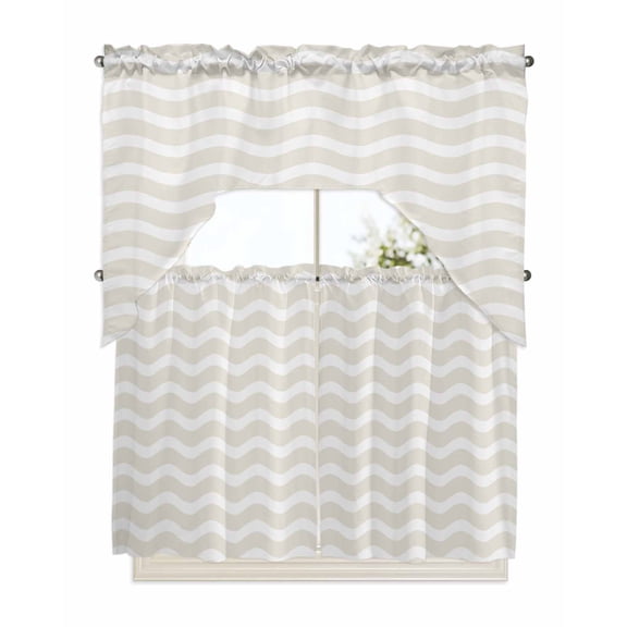 Cream Moire Kitchen Curtain and Valance Set 3 Pieces, Rod Pocket Short Tier Curtains 36 Inch Length, Water Ripple Stripe Farmhouse Swag Topper Small Window Treatment for Cafe Bathroom Bedroom