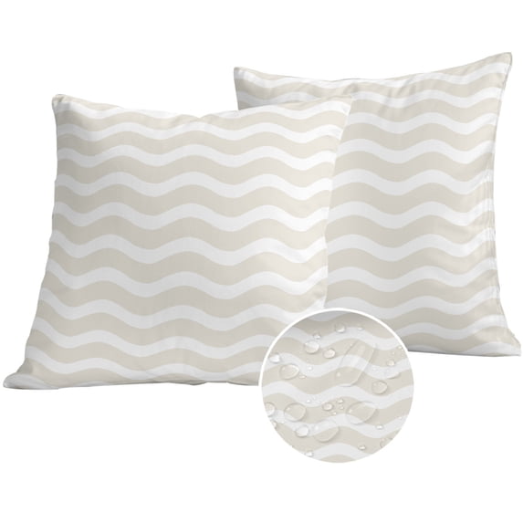 Cream Moire Outdoor Pillow Covers 16x16 Set of 2, Waterproof Patio Throw Pillowcase Protectors, Water Ripple Stripe Farmhouse Square Decorative Pillow Shams Cushion Covers for Seat Bed Couch Sofa
