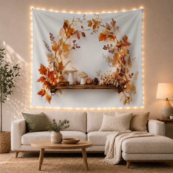 Cream Mushrooms with Branch Arch and Fairy Lights, Cozy Rustic for Nature Lovers, Woodland Autumn Decor Thanksgiving Gift Tapestry Wall Hanging for Bedroom and Living Room