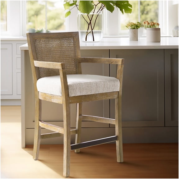 Cream & Natural Reclaimed Wood Counter Stool with Cane Back & Upholstered Seat