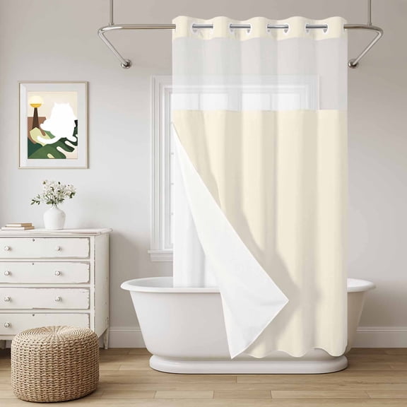 Cream No Hook Shower Curtain with Snap in Liner, Solid Color Waterproof Shower Curtains with See Through Top Window Liner for Bathroom, 54x78 Inches