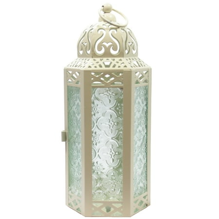 10.5" Medium Moroccan Lantern Candle Holder – Cream with Clear Glass, Metal Decorative Lamp for Indoor/Outdoor Patio or Porch Use, Home Decor, Ramadan, Weddings