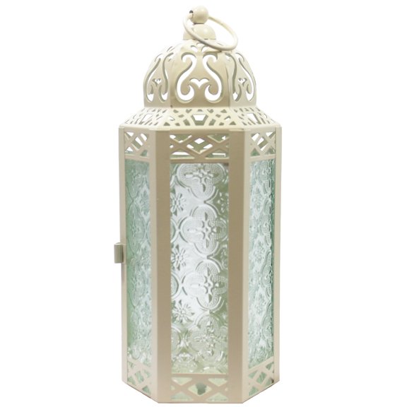 10.5" Medium Moroccan Lantern Candle Holder – Cream with Clear Glass, Metal Decorative Lamp for Indoor/Outdoor Patio or Porch Use, Home Decor, Ramadan, Weddings