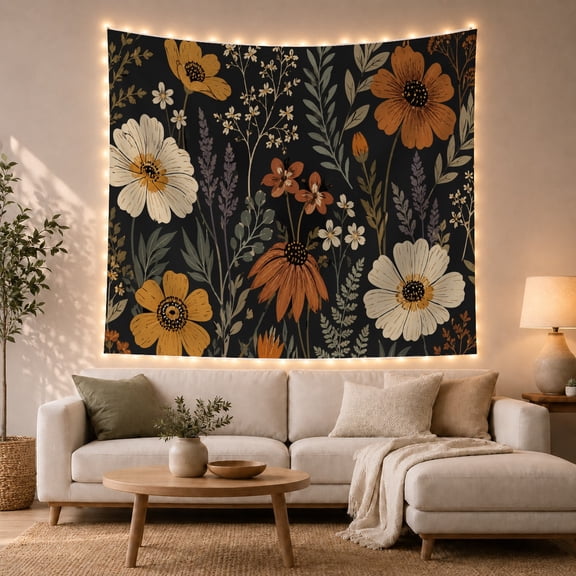 Cream and Orange Flowers on Dark Fabric, Moody Vintage Style for Flower Lovers, Botanical Wall Art, Mother's Day Gift, Tapestry Wall Hanging for Bedroom, Living Room and Dorm