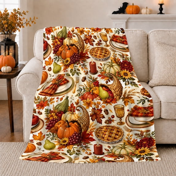 Cream And Orange Harvest Pattern, Classic Harvest Still Life Style for Harvest Decor Enthusiasts, Thanksgiving Gift with Cozy Flannel Blanket, Home Decor for Dining Room And Kitchen And Living