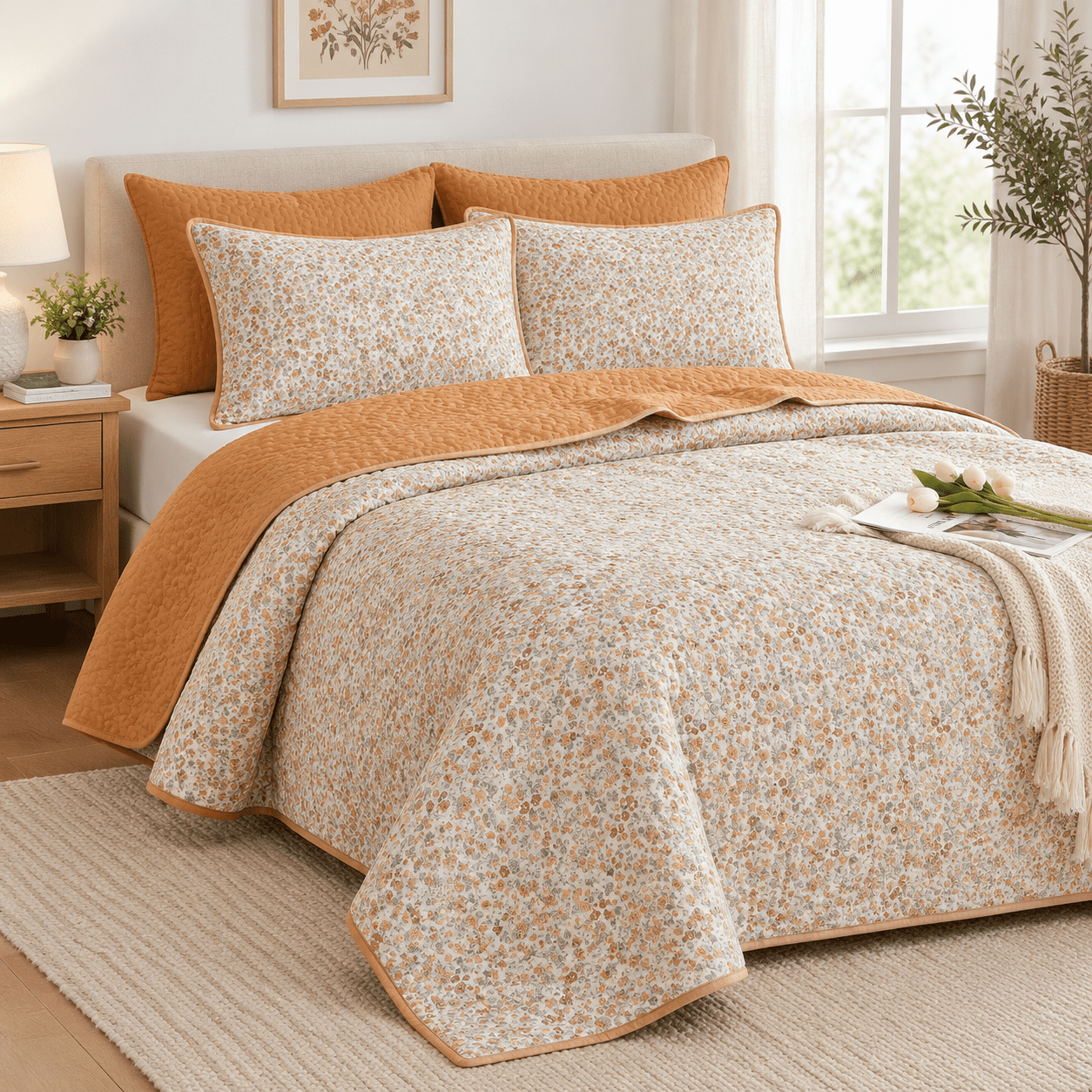 Cream Orange Queen / Full 3-Piece Floral Reversible Lightweight Quilt ...